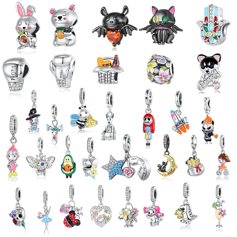 

Cartoon Rabbit Cat Beads Fit Pandora 925 Original Bracelet QWC New Design 925 Sterling Silver Hat Figures Bead Fine Jewelry