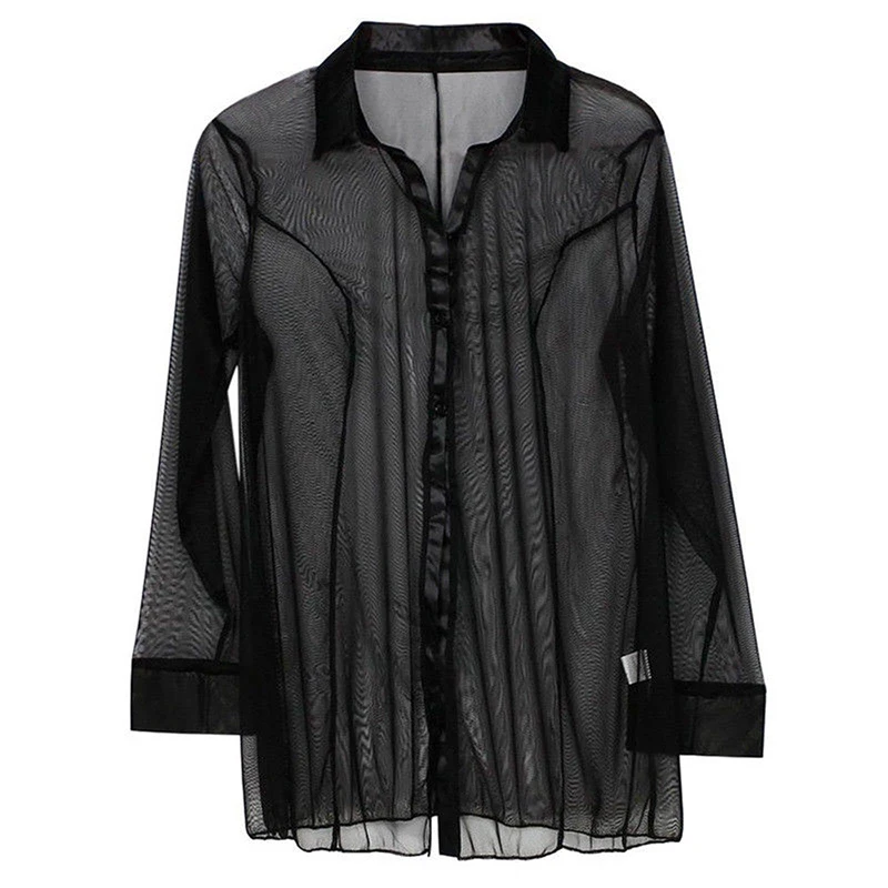 Women's Home Slimming Sexy Perspective Sheer Long Sleeved Shirt Pajamas Women's Sexy Home Casual Pajamas
