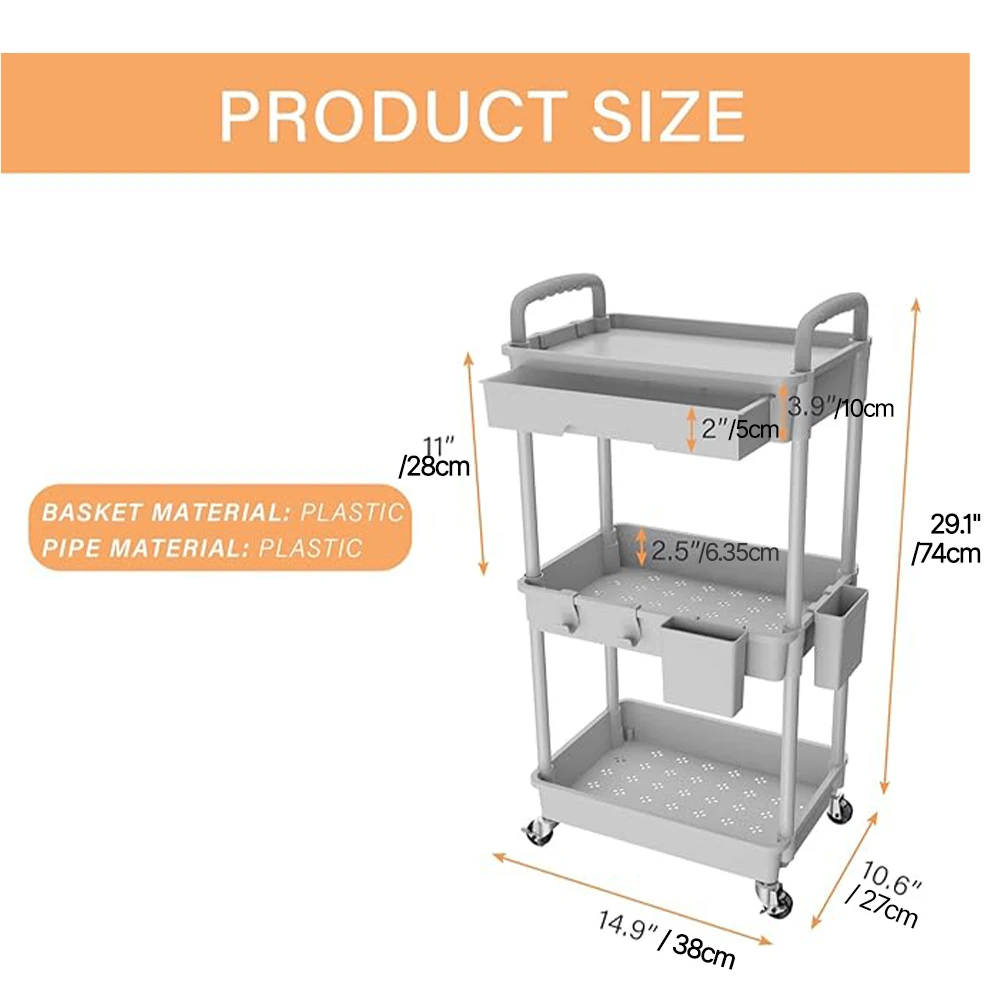 3 Tier Rolling Utility Cart with Drawer, Cart Made of Multifunctional Storage Organizer Tool for Kitchen,Bathroom,Living Room