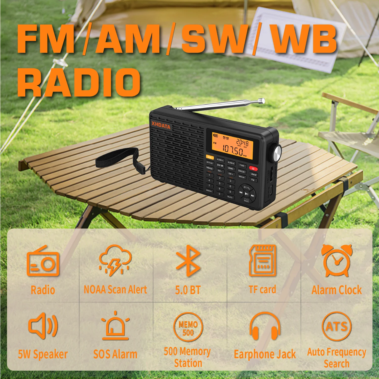 Xhdata D-109WB am fm סטריאו sw mw lw, רדיו נייד שעון מעורר דיגיטלי עם USB-C סוללה נטענת וחוזית מזג אוויר