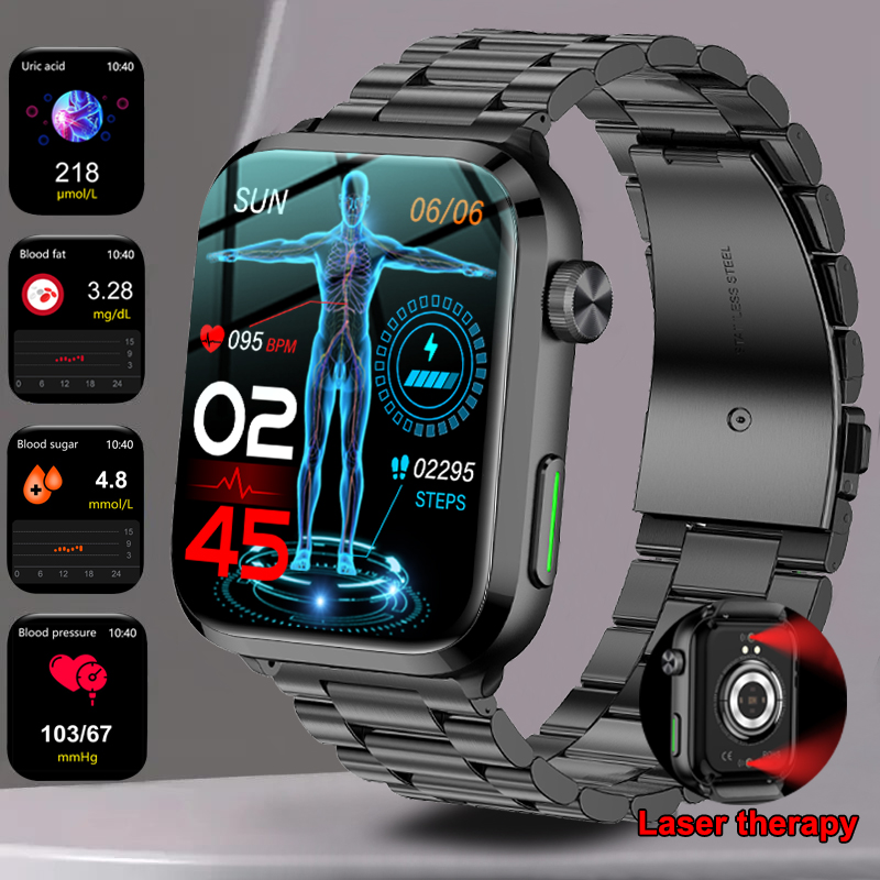 2024New Laser Therapy Smart Watch Non-invasive Blood Sugar Uric Acid Bluetooth Call Blood Lipid Blood Pressure Health Smartwatch