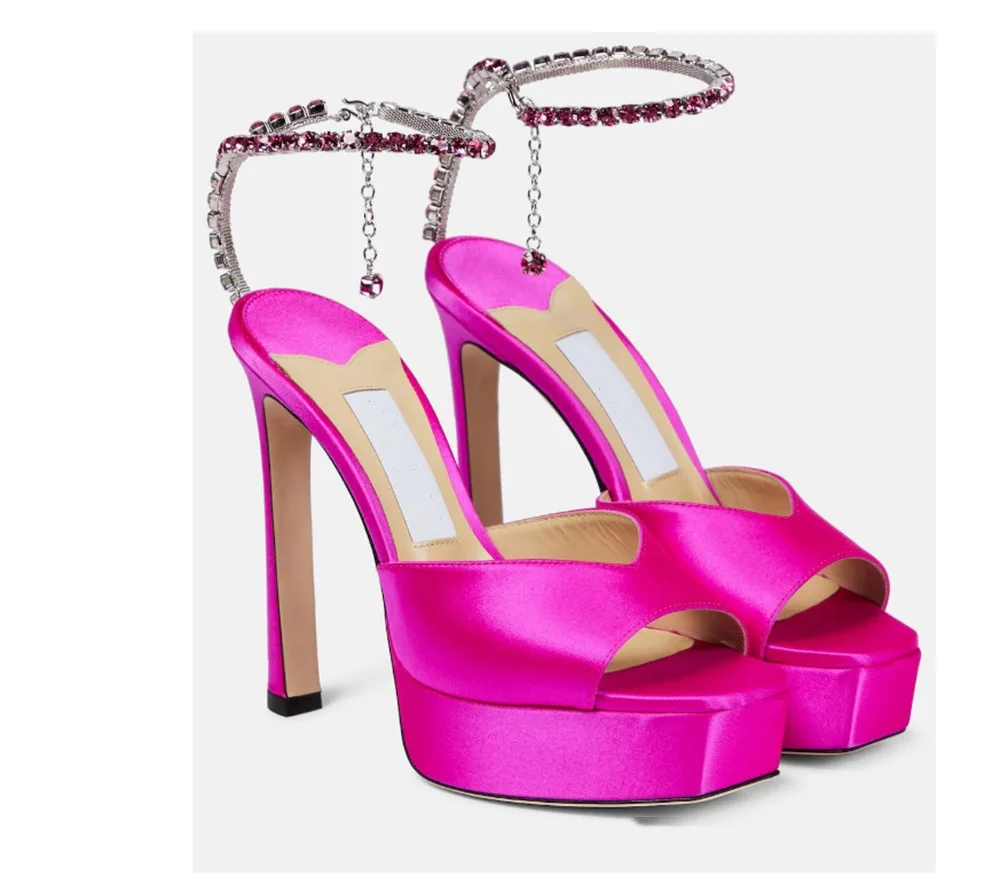 

Sexcy Shiny Diamond Decoration Stiletto High Heel Sandals Square Peep Toe With Platform Female Ankle Chain Sandal Shoes