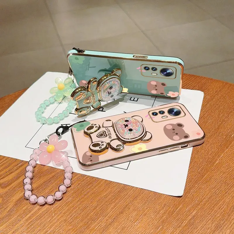Floral Lanyard Phone Holder Case with Cute Bear and Stand Cover
