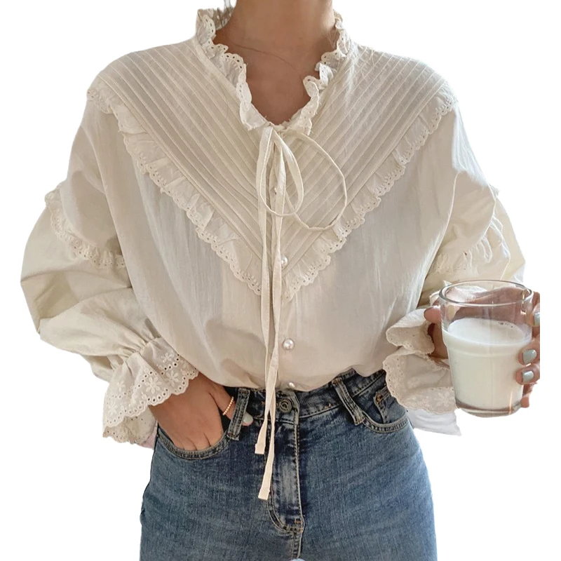 New Autumn Women's Clothing Semi-turtleneck Lace-up Women's Cardigan Shirt Button-down Single-breasted Casual Office White Top