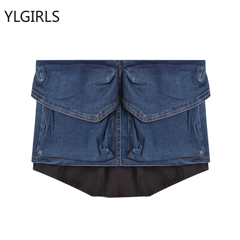 

2023 Summer Vintage Korean Retro High Street Irregular Low Waist Denim Skirt with 2 Pocket Streetwear Fashion Skirt