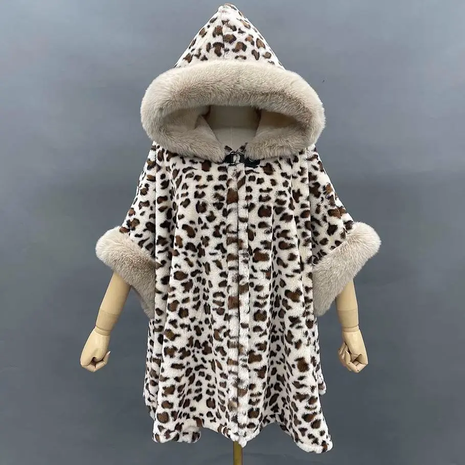 

JANEFUR Fleece Lined Cloak with Hood Women 2022 Fashion Leopard Faux Fur Cape Thick Warm Soft Wholesale Lady Winter Poncho Coat