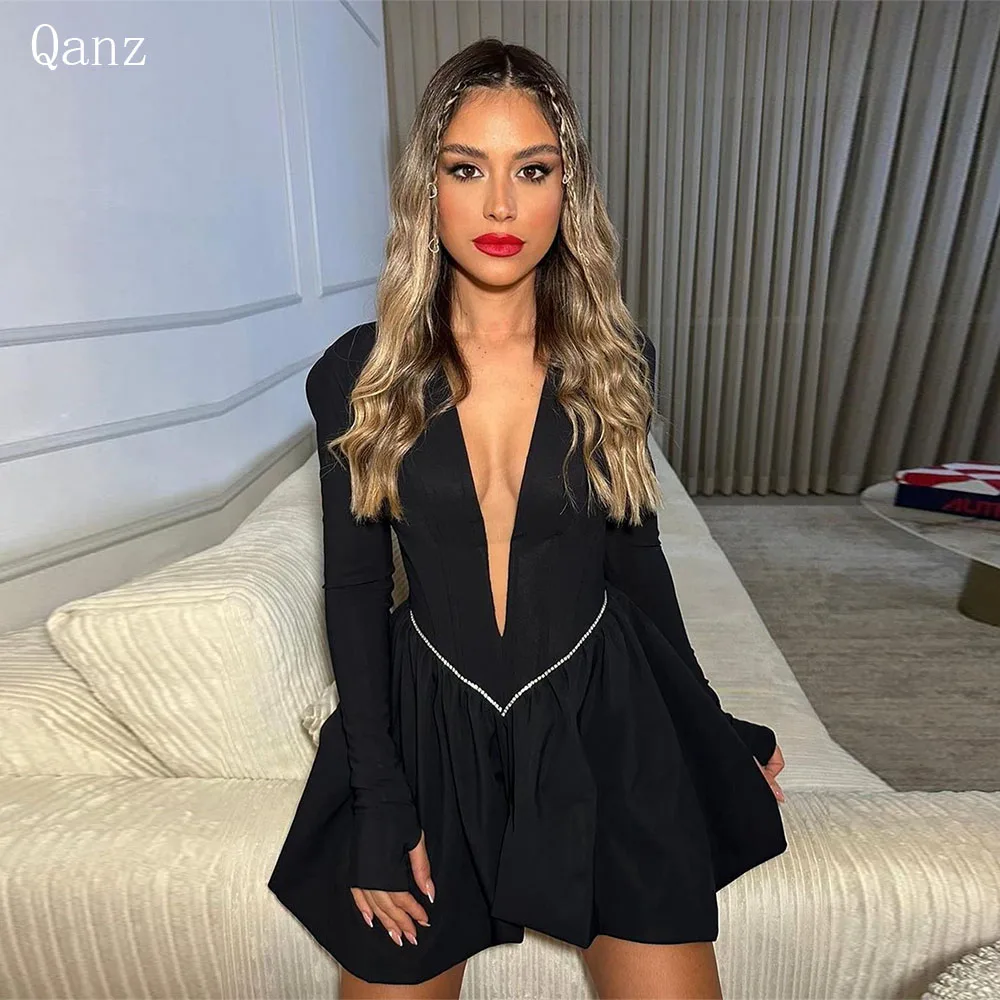 Qanz Sexy Short Prom Dresses Black Deep V Neck Long Sleeves Mini Birthday Dress For Women