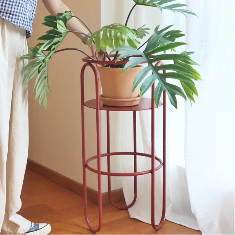Vintage Red Plant Pot Stand, Indoor Minimalist Storage Shelf, Balcony Wrought Iron Flower Rack, Versatile Scene Decoration