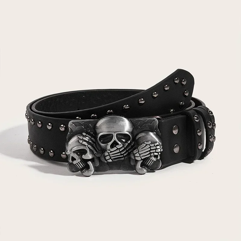 小物 skull buckle black leather belt Y2K punk Women's Punk Skull Belt Harajuku Gothic Y2K Rivets Skeleton