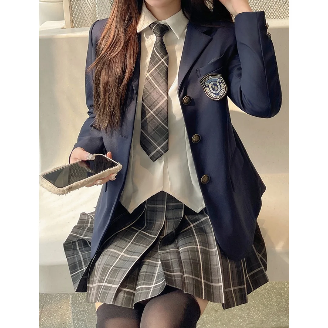 

Japanese School Uniform JK Suit Girls Long Blazer Tie Plaid Skirt White Shirt Medal Five-piece Women Sexy Spring and Autumn Suit