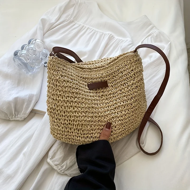 Summer Rattan Crossbody Bags for Women Saddle Straw Woven Shoulder Bag, Handmade Knitted Lady Small Handbags, Vacation Beach Bag