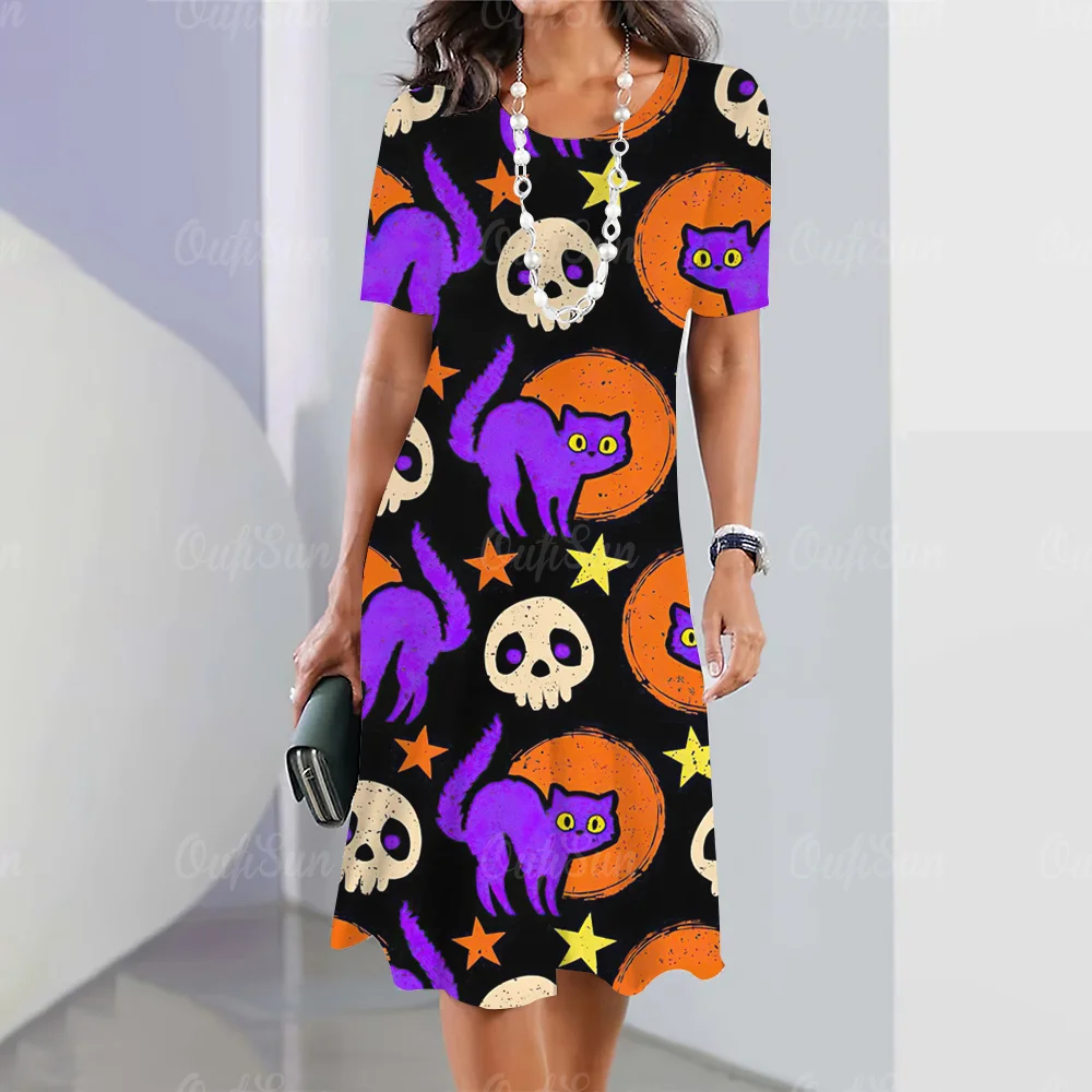 Nueva Mujer Vestidos Vintage Elegante Casual Manga Corta Halloween Impreso Vestido Y2k Moda Mujeres Gran Tamaño Vestido Largo