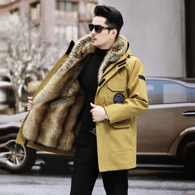 남성용 파카 코튼 재킷 인조 밍크 퍼 안감 탈부착 가능 두꺼운 따뜻한 겨울 코트 야외 작업복 방한 스톰수트