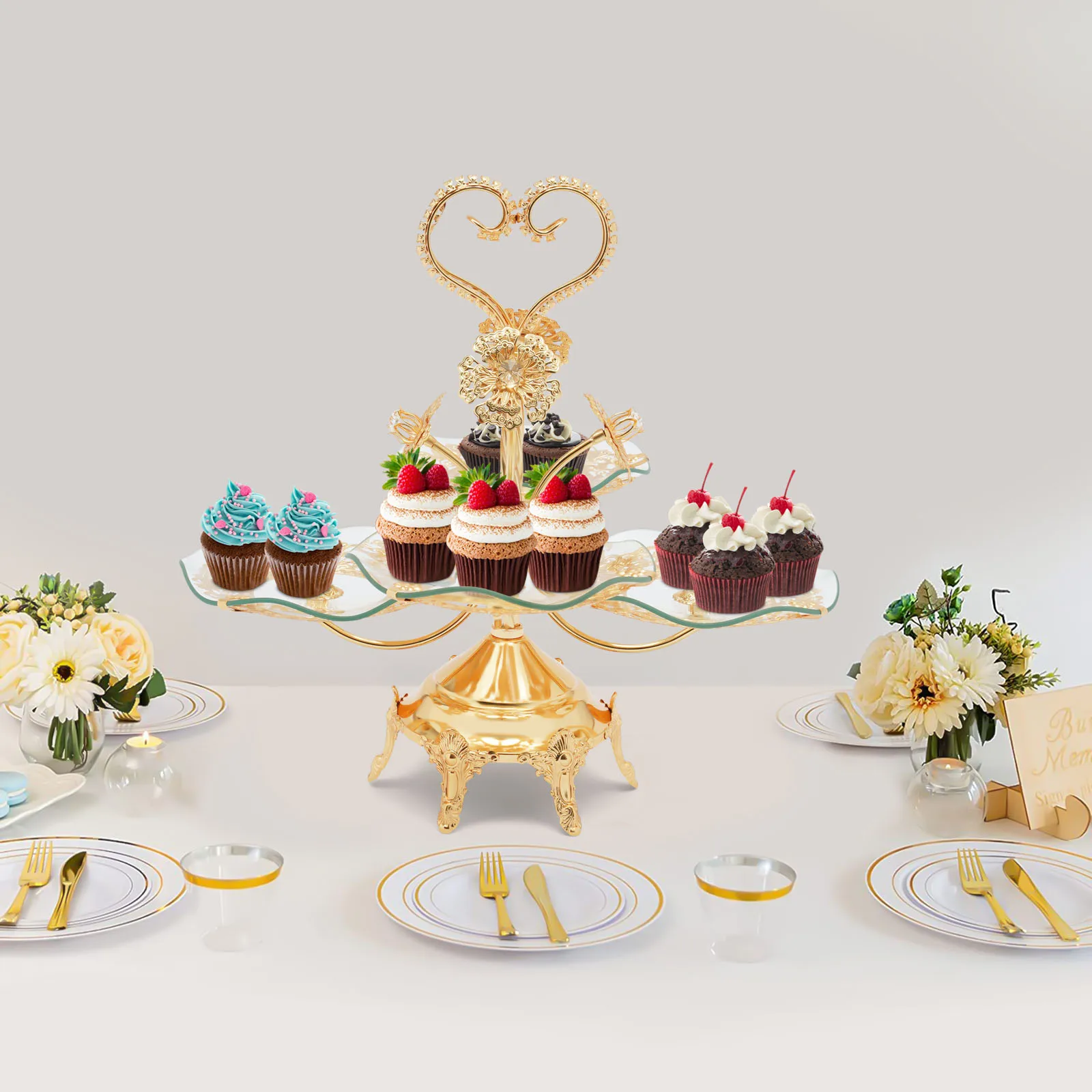 Cake Stands , Gold Fruit Bowl Tray Holder Dessert Stand Cake Plate with Round Glass Plate & Stainless Steel Holder