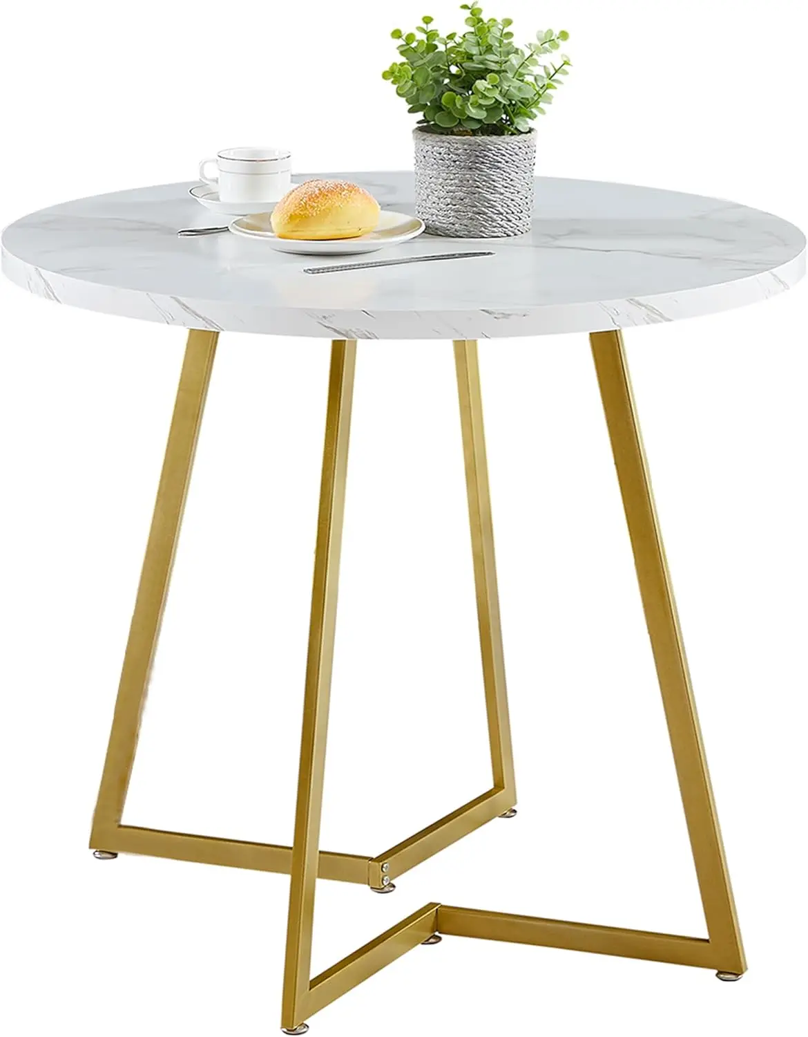 Round Dining Room Table with Wood Grain Tabletop and Steel Frame, for Kitchen, Living Room, Office, Conference, 2 to 4 Person 2