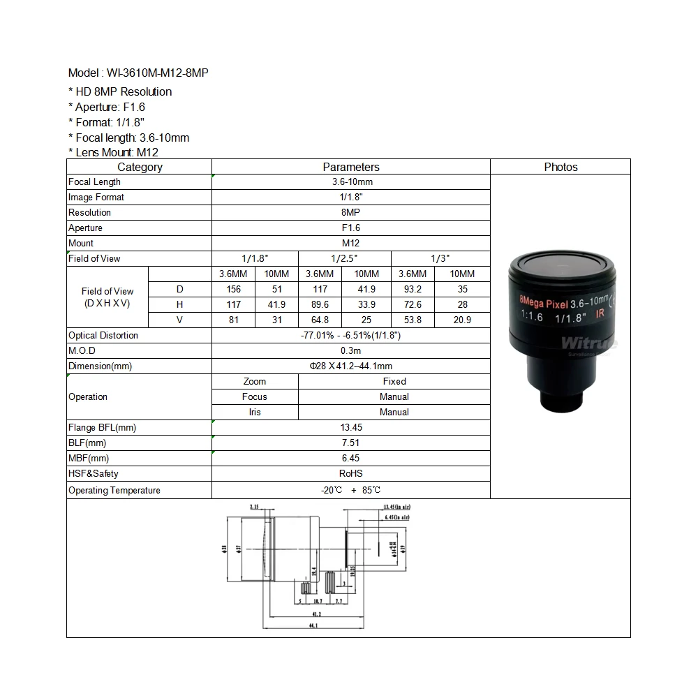 Objectif M12 Varifocal 3.6-10mm F1.6 4K 8MP pour Drone Caméra