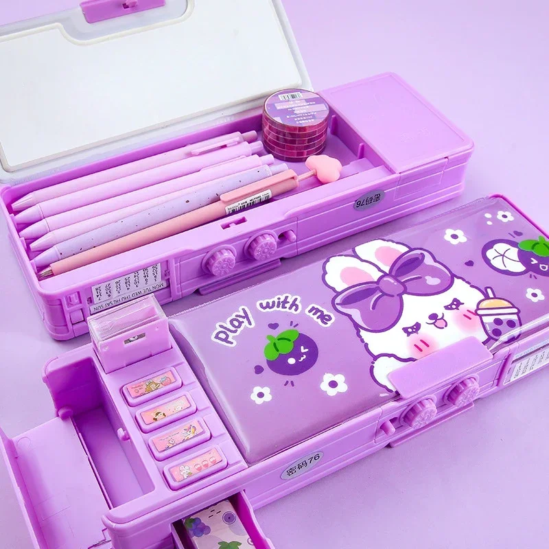 Password Lock Multifunctional Stationery Box Intelligent Female High-tech Pencil Case Mechanical Girl Double-laye pencil cases stationery box