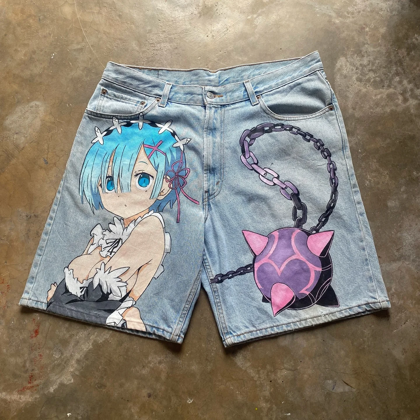 Casual Rem Print Sweatpants Fashion Y2k Baggy Jeans Wide Leg Denim Shorts Pants Harajuku Streetwear Trouser Men