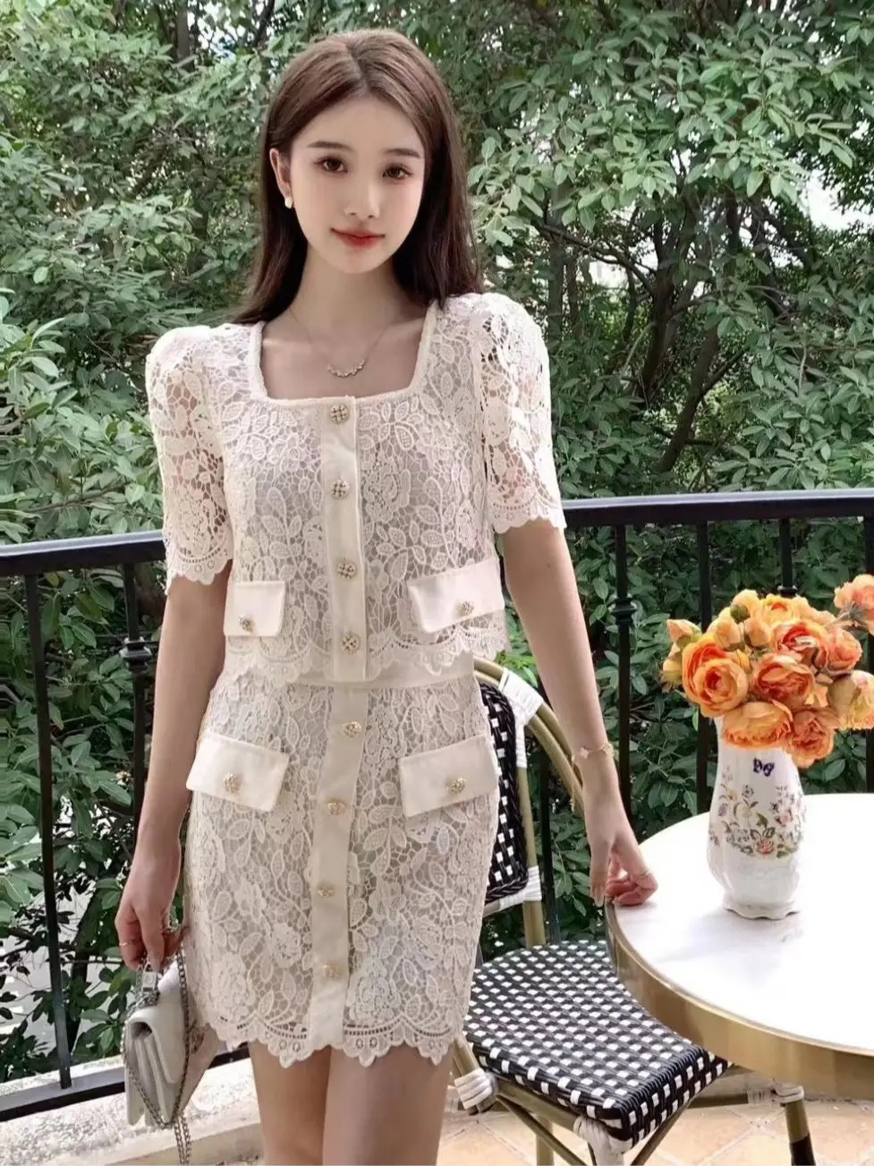 

Женский комплект из двух предметов, летний кружевной комплект из блузки и мини-юбки