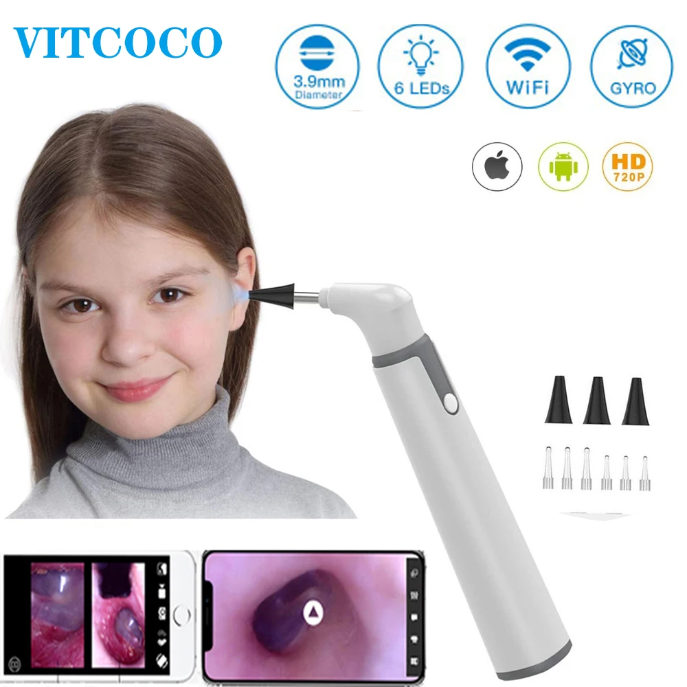 VITCOCO Wifi Otoscope 3.9mm Smart Wireless Portable Vision Ear Wax Cleaning Medical Endoscope Camera for iPhone Android Phone