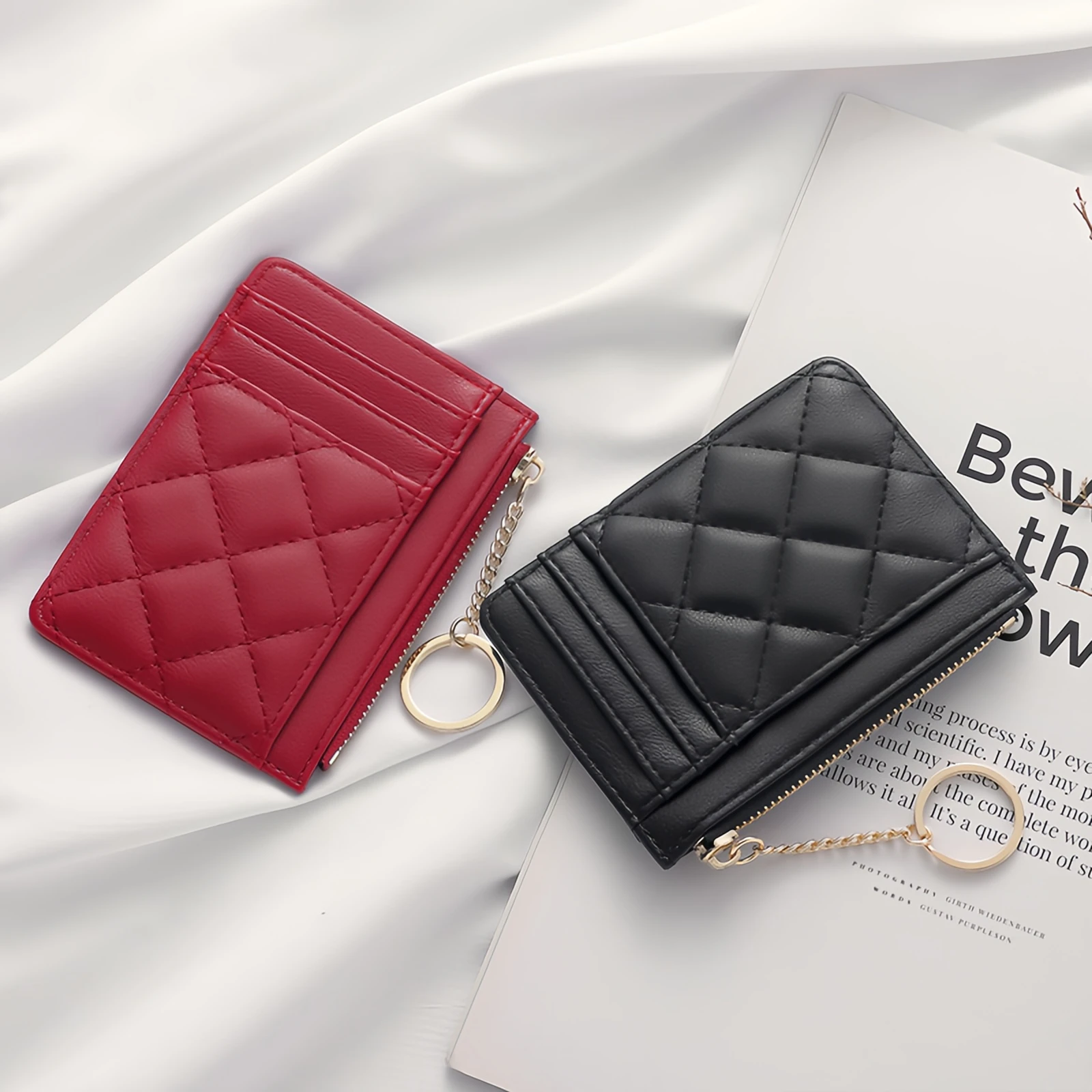 Mini-Geldbörse für Damen, Ausweishalter, Tasche mit mehreren Kartenfächern und Ausweishaltern, Münzgeldbörse aus PU-Leder mit Reißverschluss – Detail 4