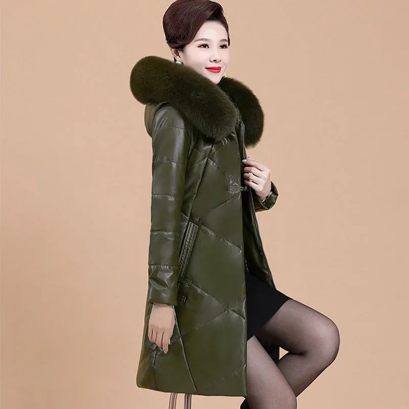 2023 Imitation Leather Down Jacket Women Mid-length Sheepskin Middle-aged Elderly Hooded Fur Clothing Coat with Fleece Thickened