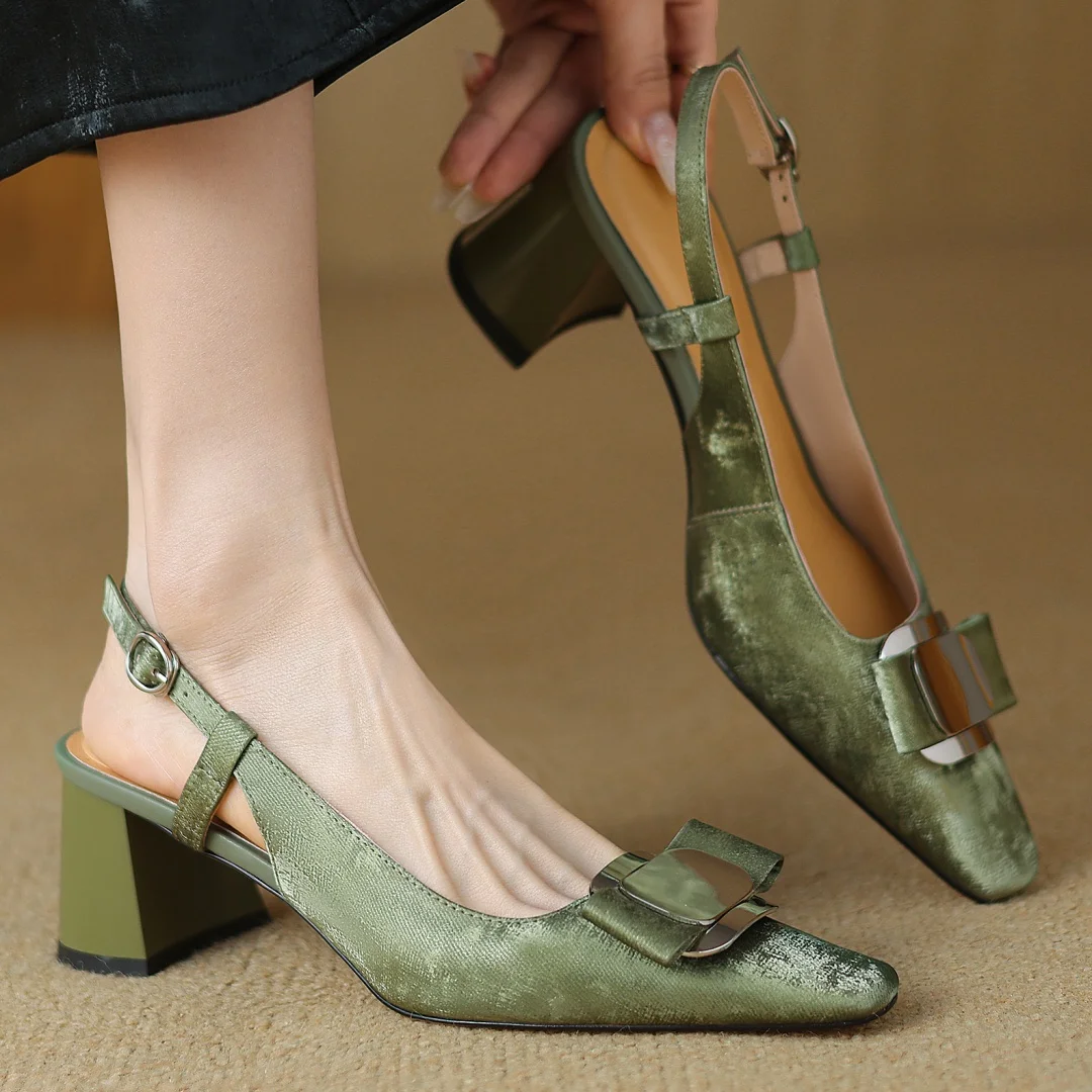

women's genuine leather 5.5cm thick med heel round toe slingback slip-on pumps metal buckle sweet bowtie OL style dress sandals