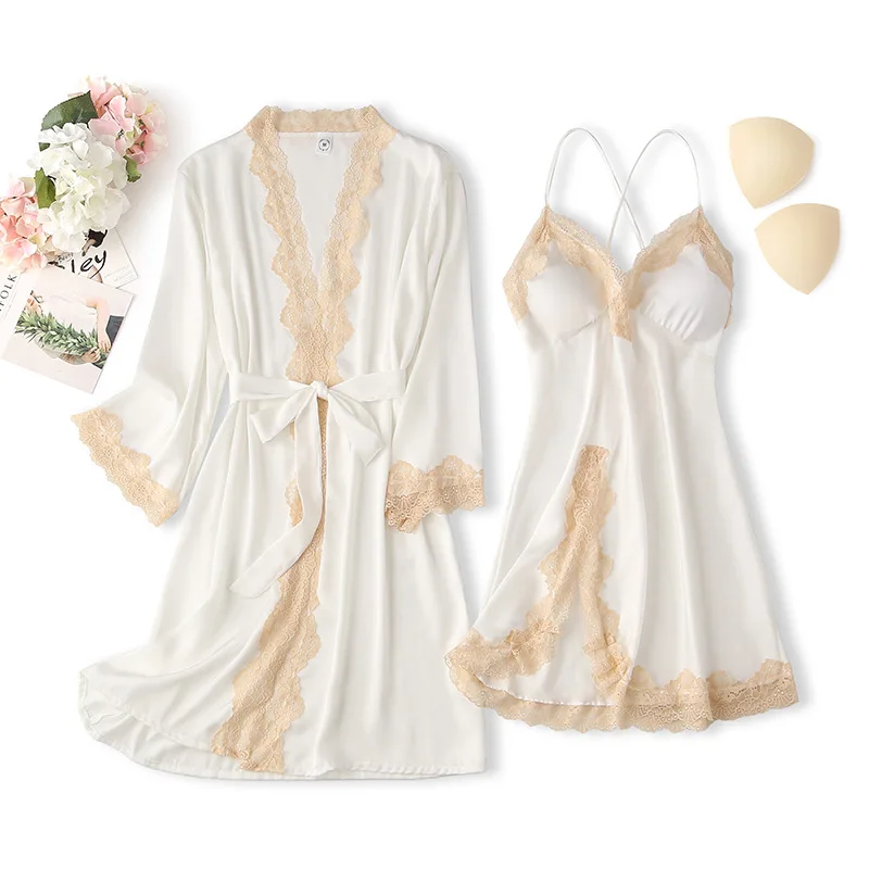 

Two Pieces Robe Set Women Sleepwear With Hollow Out Strap Nightgown Summer Nightwear Lace Kimono Bathrobe Gown Bridal Loungewear