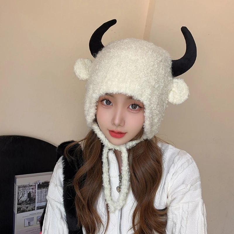 

Winter Hat for Teens Adult Skiing Halloween Ox Horn Shape Hat Foldable Ear Protects Hat Keep Warming Hat Windproof