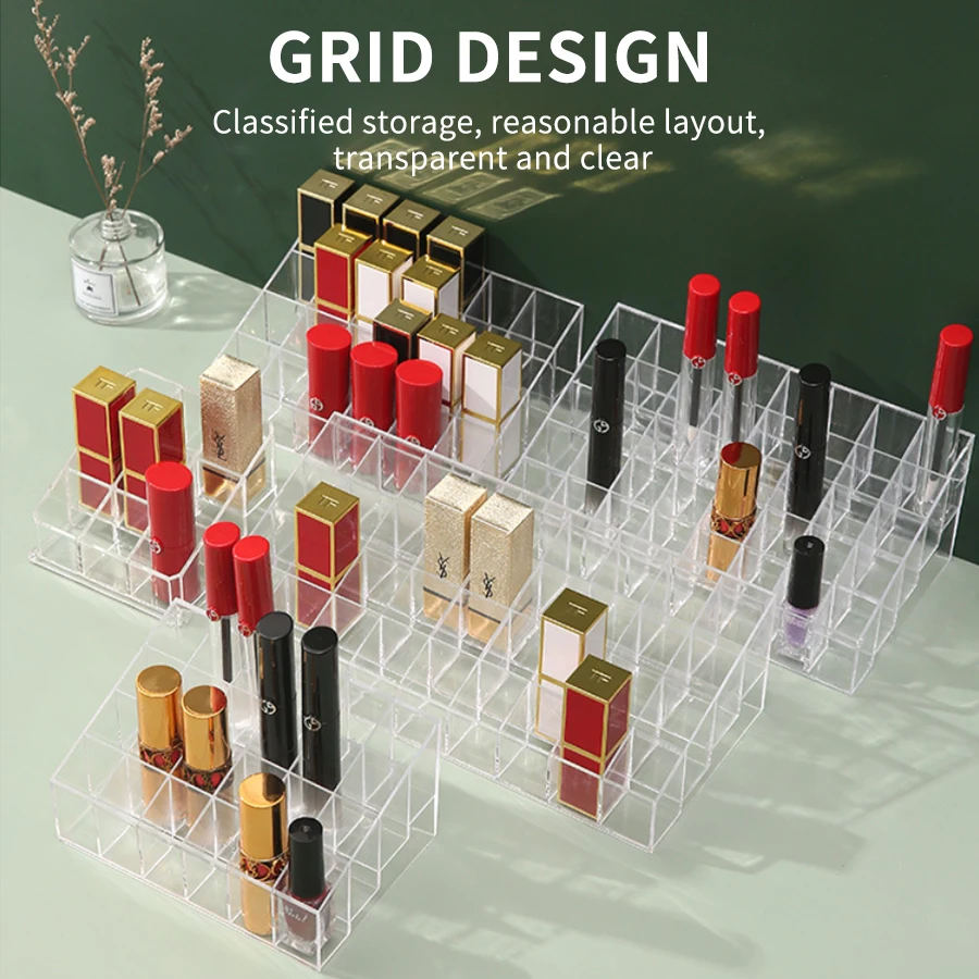 Lipstick Storage Box 9/24/36/40 Grids Clear Acrylic Makeup Organizer Box for Lipstick Brushes Bottles etc Display Stand Cosmetic 2