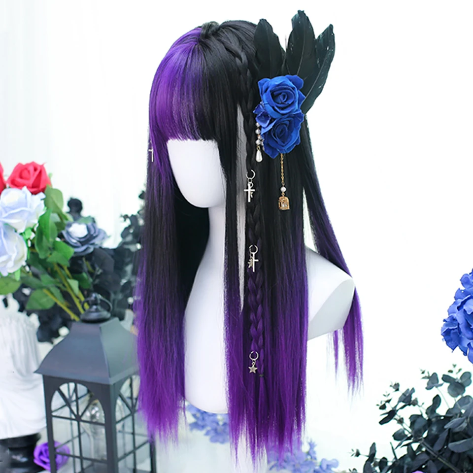 Synthetic Long Straight Blonde Brown Wig with Black Purple Bangs for Cosplay Party