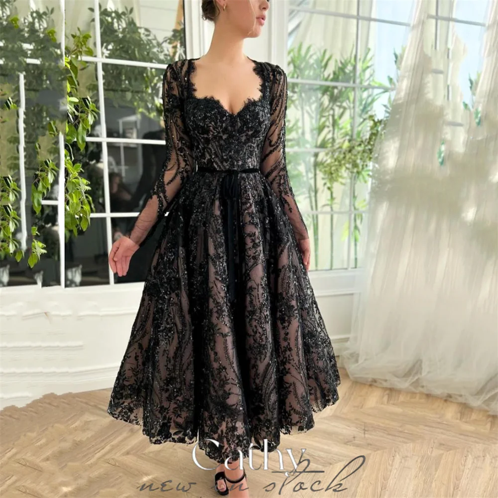 

Cathy Black Lace Embroidery A-line Prom Dress 2024 Tulle Fabric Long Sleeves Strao vestidos de fiesta Elegant فساتين السهرة