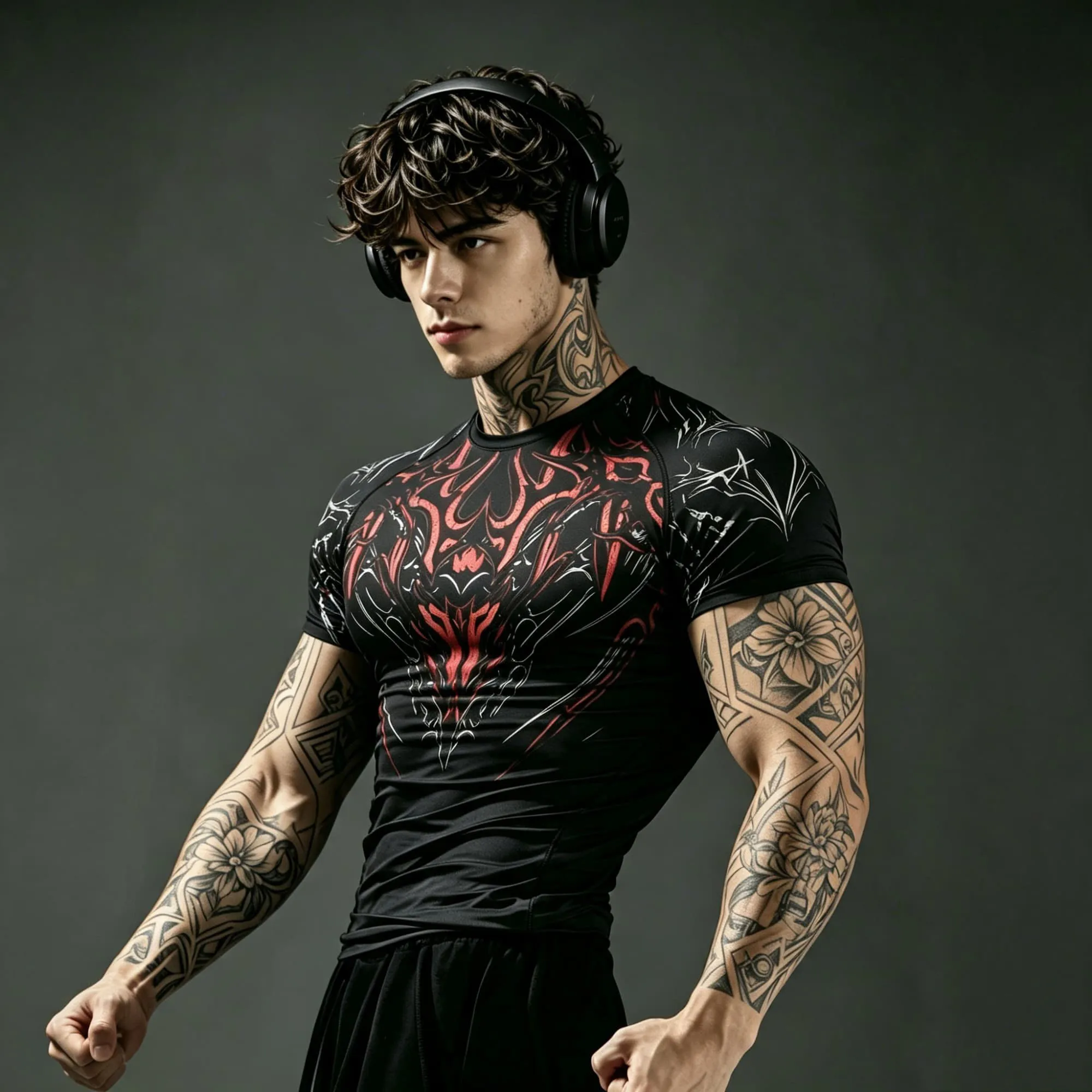 Herren Gothic Abstrakt Bedrucktes Kompressions-T-Shirt Schnelltrocknend Elastisch Kurzarm Fitness Bodybuilding Workout Sport-Oberteil