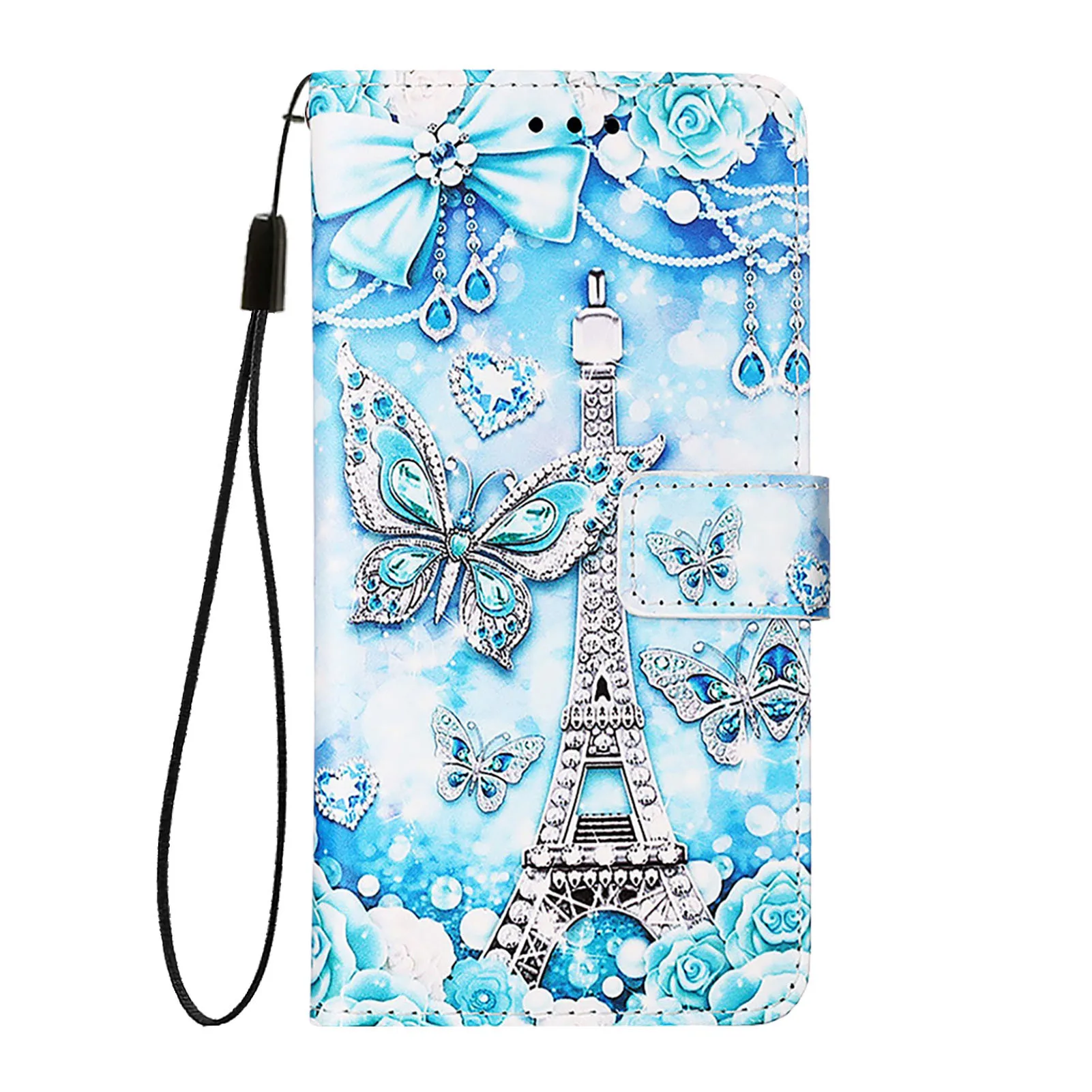 3D Painted Luxury Leather Flip Case with Lanyard and Card Holder Wallet Cover