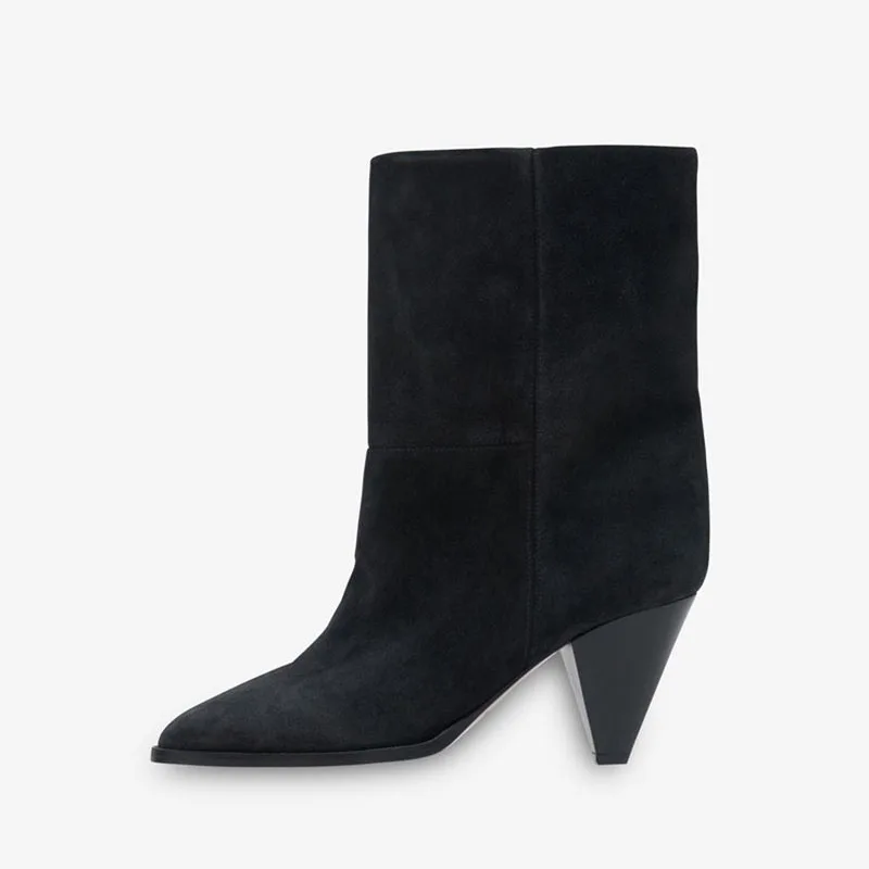 

Arden Furtado 2023 Autumn Woman's Tapered heel Suede Short boots Pointed toe Patchwork Super high heel Slip-on Modern boots