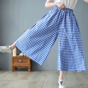 Elegant Woman Dress Plaid Pants Thin Cotton Linen Wide Leg Trousers Women 2023 Summer High Waist Baggy Jogger Pants Sweatpants 4