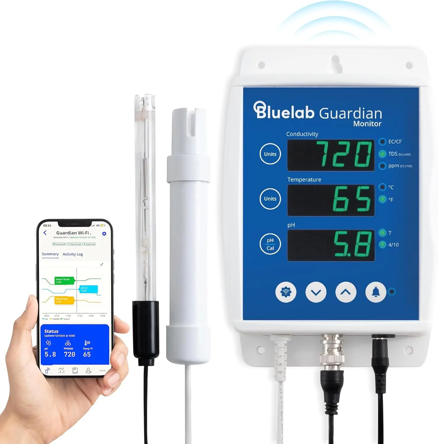 Guardian Monitor Wi-Fi for Real-time pH, Temperature, and Conductivity (TDS) Measurements in Water with Calibration, 3 in 1 Digi