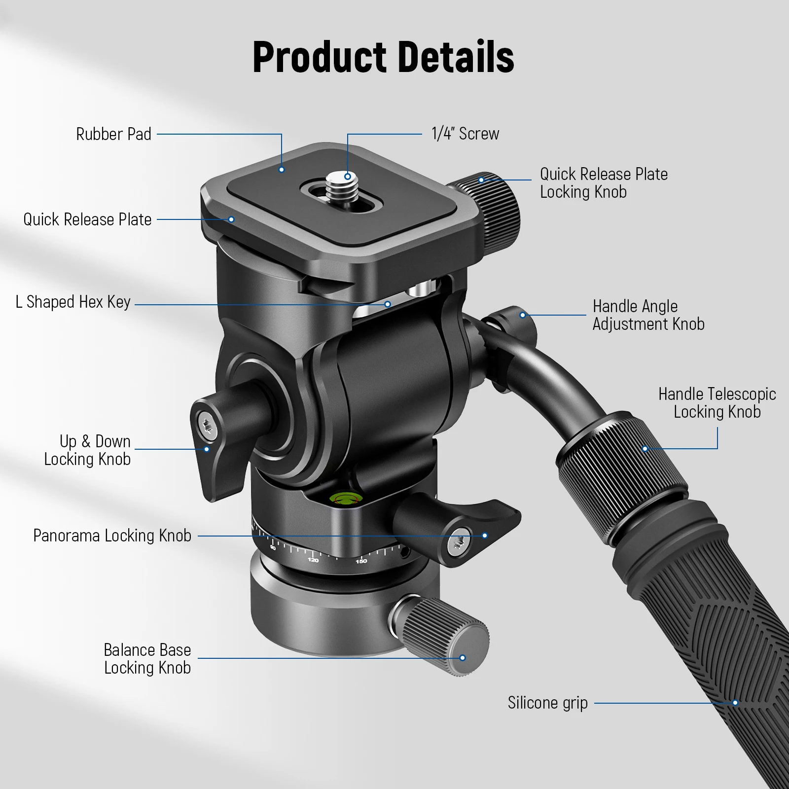 Tripod Fluid Head Metal Pan & Tilt with Arca QR Plate Telescopic Handle for Comp