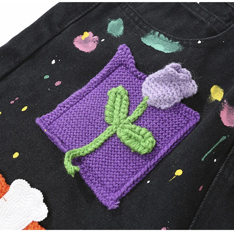 Harajuku Vintage Knitted floral Pattern Denim Shorts Men's Oversized Straight Cut Jeans Casual Loose Shorts College Pants Y2K,denim shorts,summer jeans shorts