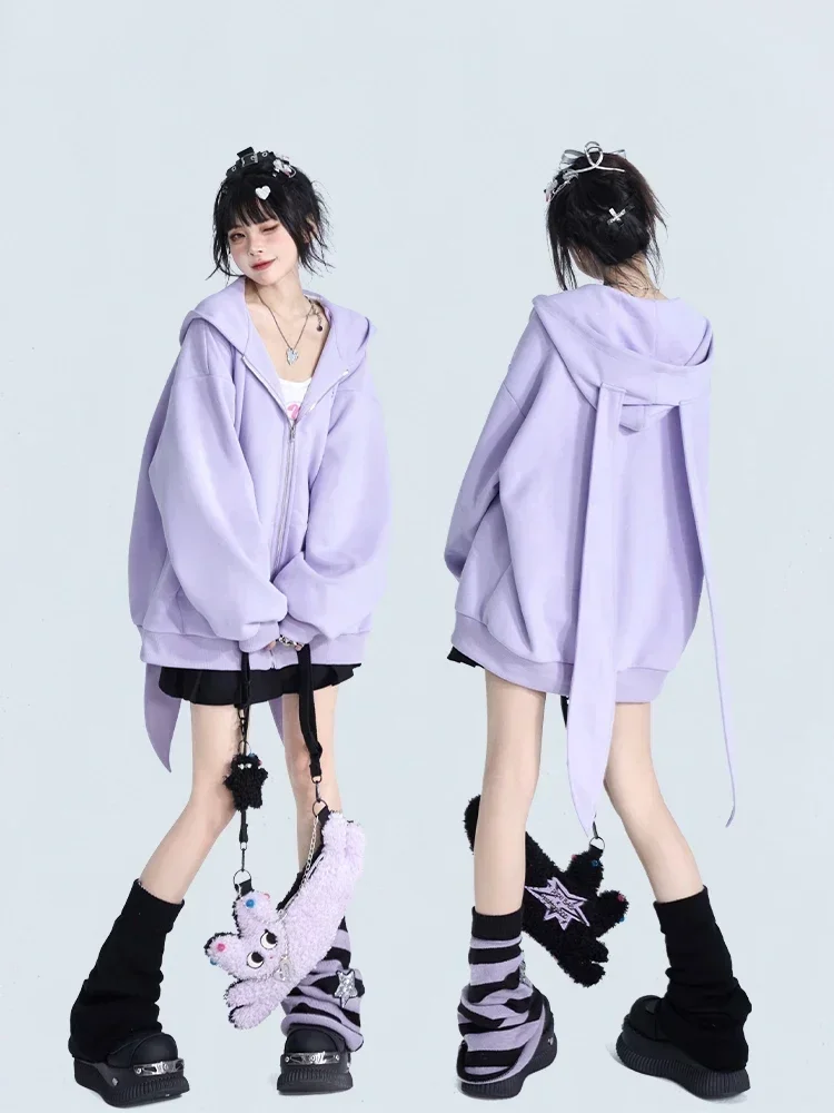 Hooded Jackets Women Solid All-match Y2k Korean Style Zipper Harajuku Streetwear Rabbit-Ear Lovely Outwear Fashion Autumn Cozy