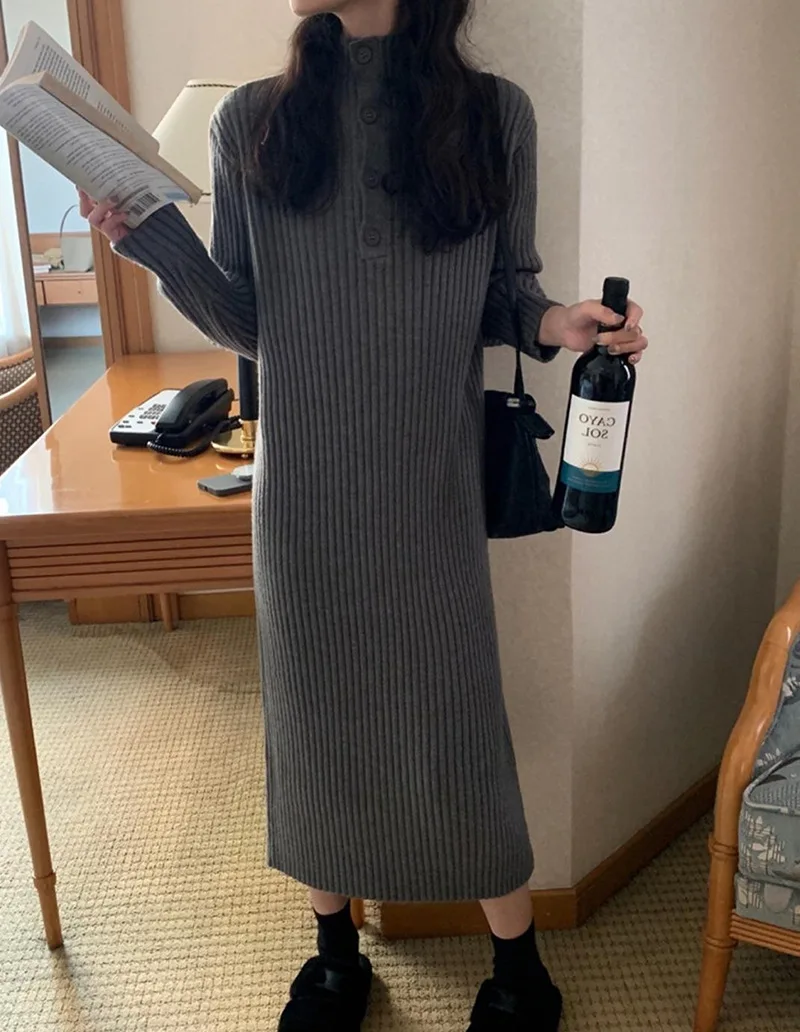 

Korean Chic Pit Stripe Knit Dress Basics Simple Solid Color Button Half-high Collar Warm Straight Fall Women's Dresses 2023 New