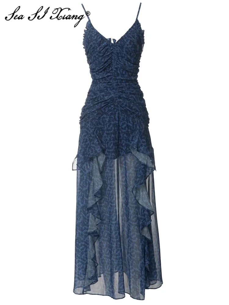 

Seasixiang Fashion Designer Summer Chiffon Dress Women Spaghetti Strap V-Neck Folds Print Elegant Party Backless Dresses