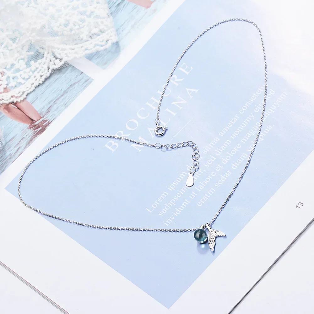 Lihong S925 Sterling Silver Women's Sapphire Bead Mermaid Tail Pendant Necklace (40cm+3.5cm) Luxury Jewelry pendant necklace