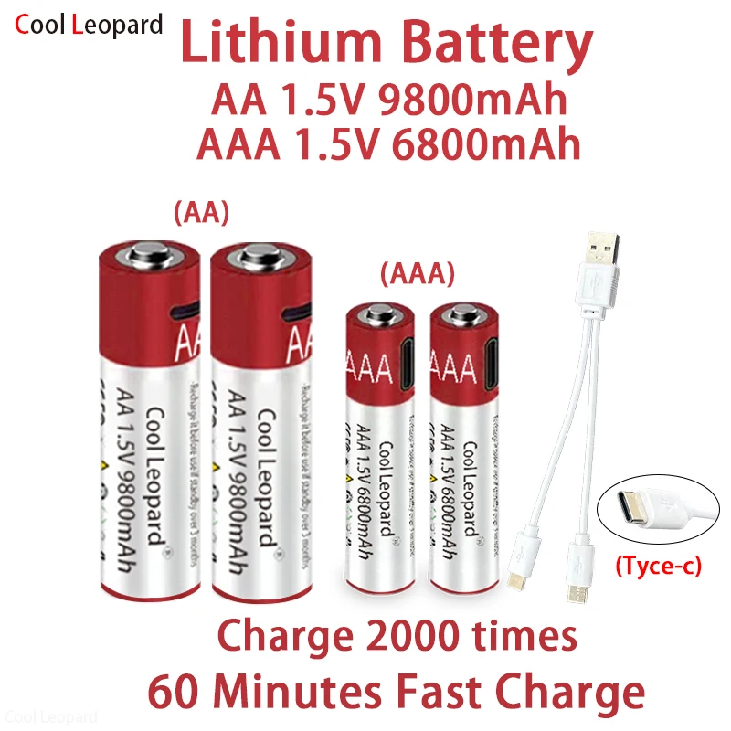 

6800mAh High Capacity 1.5V AAA+AA USB Rechargeable Lithium Battery,For Remote Control Mouse Electric Toy Battery+Type-C Cable