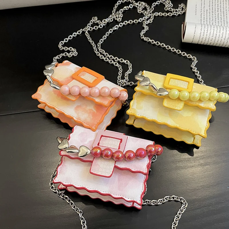 

Cute Mini Bags for Women Fashionable Party Candy Color Pearl Handbag Leather Small Square Purse Summer Chain Shoulder Bag Ladies