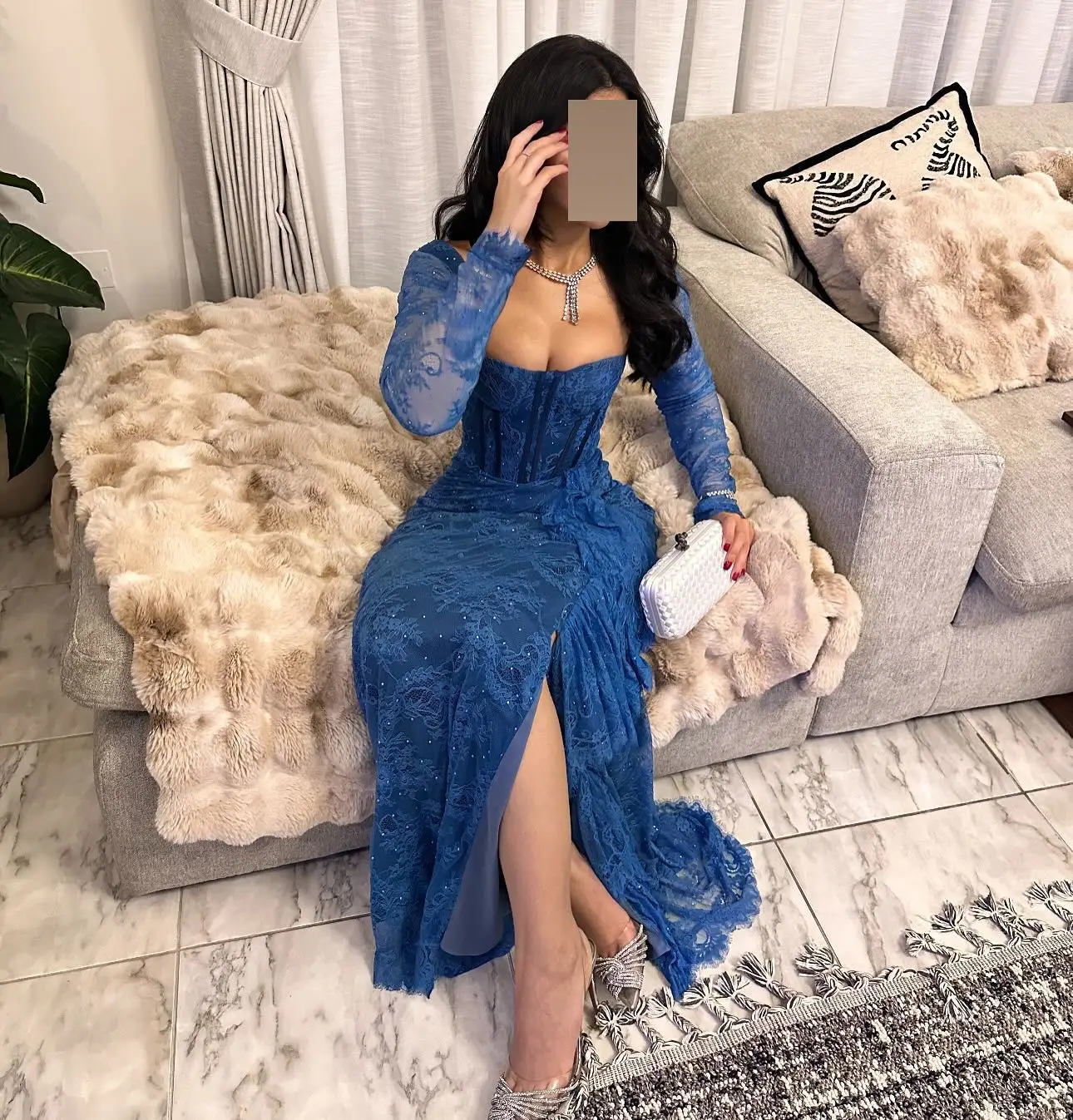 Mermaid Long Sleeves Prom Dresses Square Neck Pleated Beadings Floor Length Evening Dresses Party