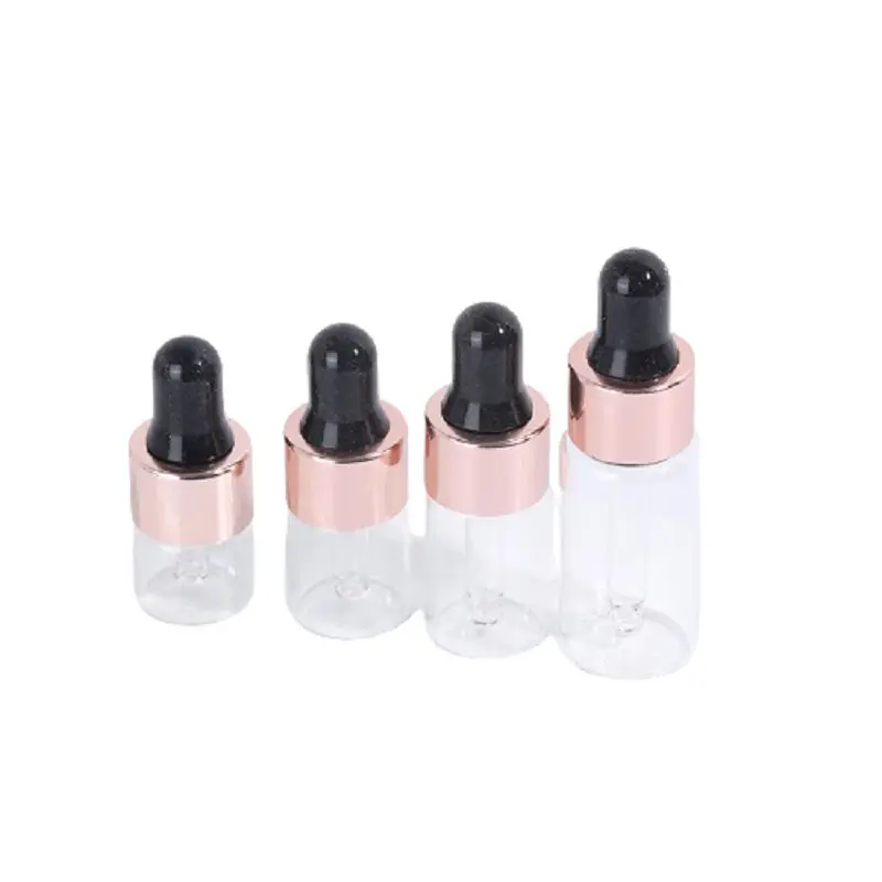 

100pcs 1ml 2ml 3ml 5ml Essential Oil Dropper Vials Rose Lid Black Top Empty Cosmetic Packaging Clear Glass Refillable Bottles