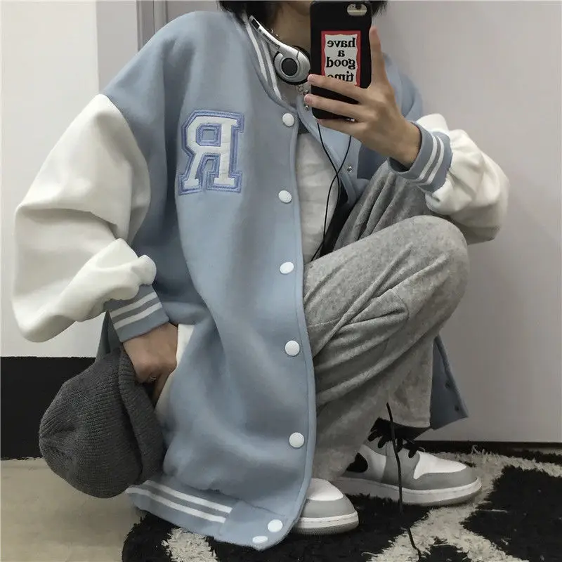 

HOUZHOU Blue Baseball Jacket Women Vintage Korean Fashion Oversize College Varsity Jackets Autumn Winter Harajuku Bomber Coats