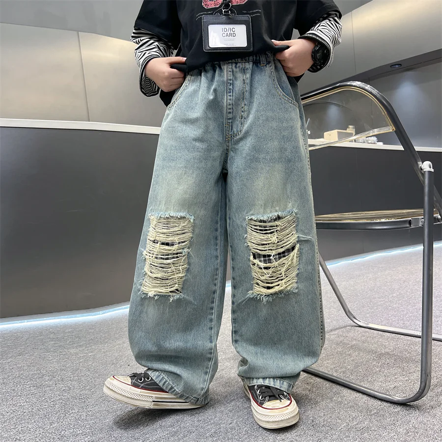 디스트레스드 디자이너 키즈 데미지 진 바지, 무릎에 구멍이 있는 남아용 캐주얼 데님 팬츠 5 6 8 9 10 12 14세