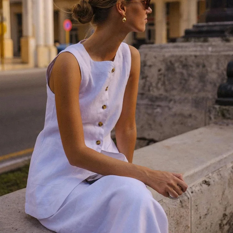 Conjunto de 2 piezas de falda larga blanca de cintura alta para mujer: top ajustado sin mangas y falda larga informal, conjuntos de patchwork para mujer